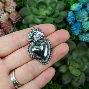 Sacred Heart Charm Mexican Milagro Flaming Heart Pendant with Black Finish, 40mm Long