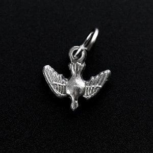 May include: A small, silver-colored dove charm with outstretched wings. The charm has a detailed design, including individual feather lines. It features a small loop at the top for attachment. The background is a solid black.