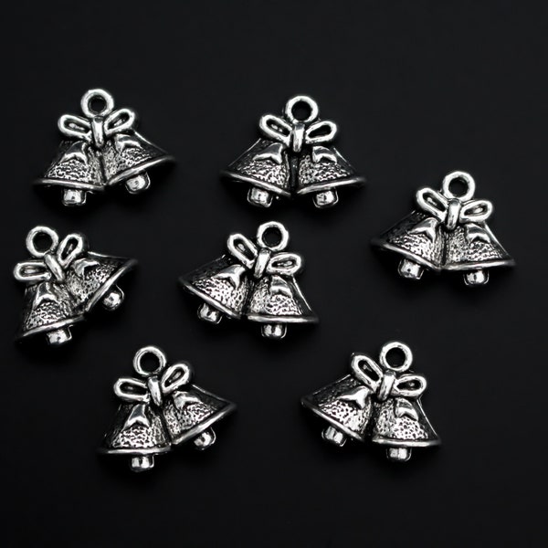 Christmas Bell Charms - Antiqued Silver Tone 14mm long - 25pcs