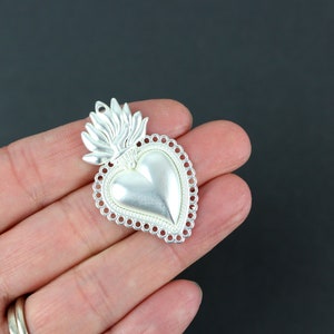Sacred Holy Heart Charm Mexican Milagro Flaming Heart Pendant Flat Silver Tone Color 40mm Long