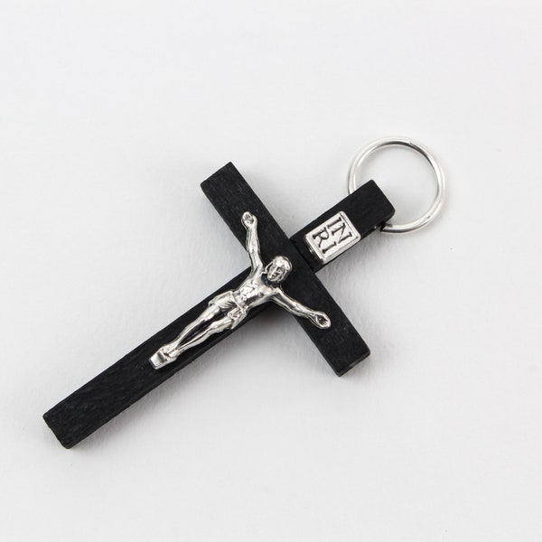 Black Wood Crucifix Pendant - Wooden Rosary Making Supplies Cross With Metal Corpus 1-3/4" long