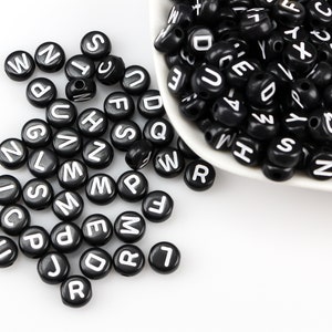 7mm Alphabet Beads - Black Acrylic Flat Round Opaque - Random Mix of 150 Beads