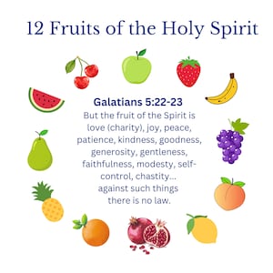 Pu&ograve; includere: Un'illustrazione colorata di 12 frutti che rappresentano i frutti dello Spirito Santo. I frutti sono disposti in un cerchio attorno al testo "Galati 5:22-23" e al testo "Ma il frutto dello Spirito &egrave; amore (carit&agrave;), gioia, pace, pazienza, gentilezza, bont&agrave;, fede, mansuetudine, temperanza, fedelt&agrave;... contro queste cose non c'&egrave; legge."