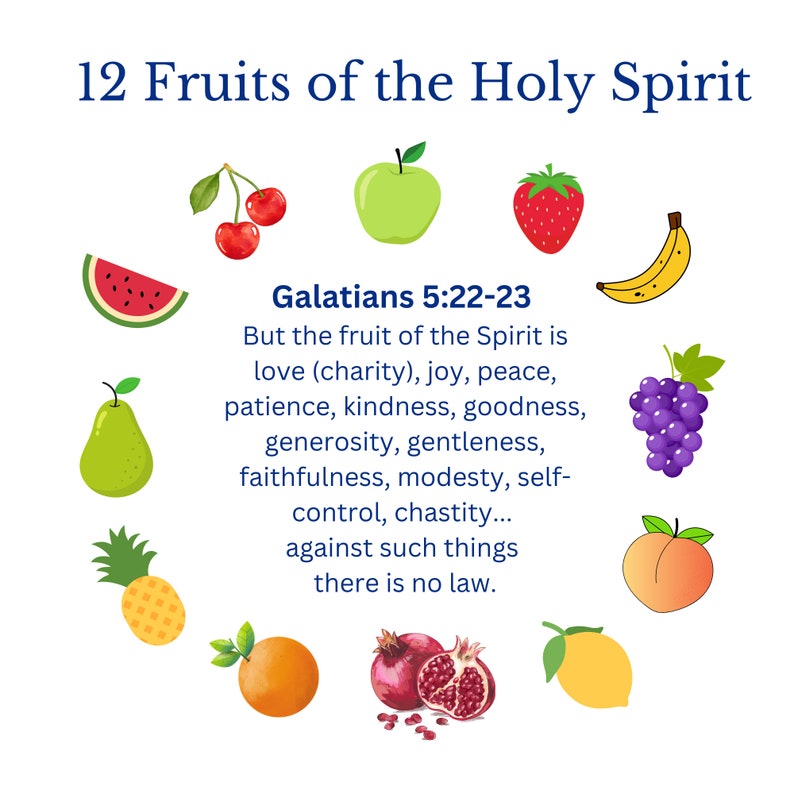 Pu&ograve; includere: Un'illustrazione colorata di 12 frutti che rappresentano i frutti dello Spirito Santo. I frutti sono disposti in un cerchio attorno al testo "Galati 5:22-23" e al testo "Ma il frutto dello Spirito &egrave; amore (carit&agrave;), gioia, pace, pazienza, gentilezza, bont&agrave;, fede, mansuetudine, temperanza, fedelt&agrave;... contro queste cose non c'&egrave; legge."
