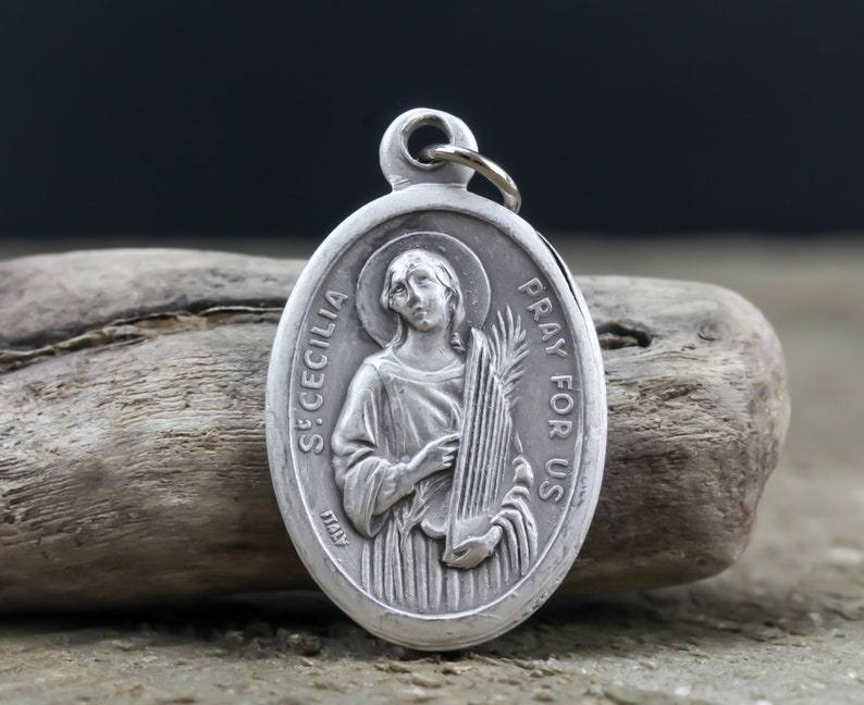 Saint Cecilia Pray For Us silver tone medal Patron of musicians, music, and composers image 2