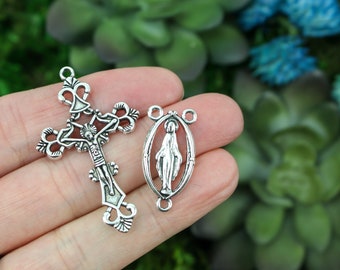 Rosary Centerpiece Crucifix Set - Blessed Virgin Mary Center - Ornate Jesus Crucifix Cross Rosary Parts