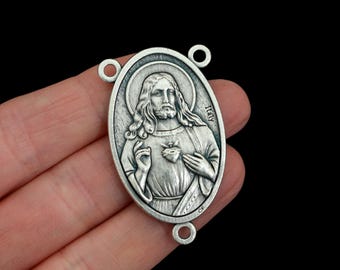 Large Sacred Heart of Jesus Immaculate Heart of Mary Rosary Centerpiece 1-3/4" Long, Made in Italy