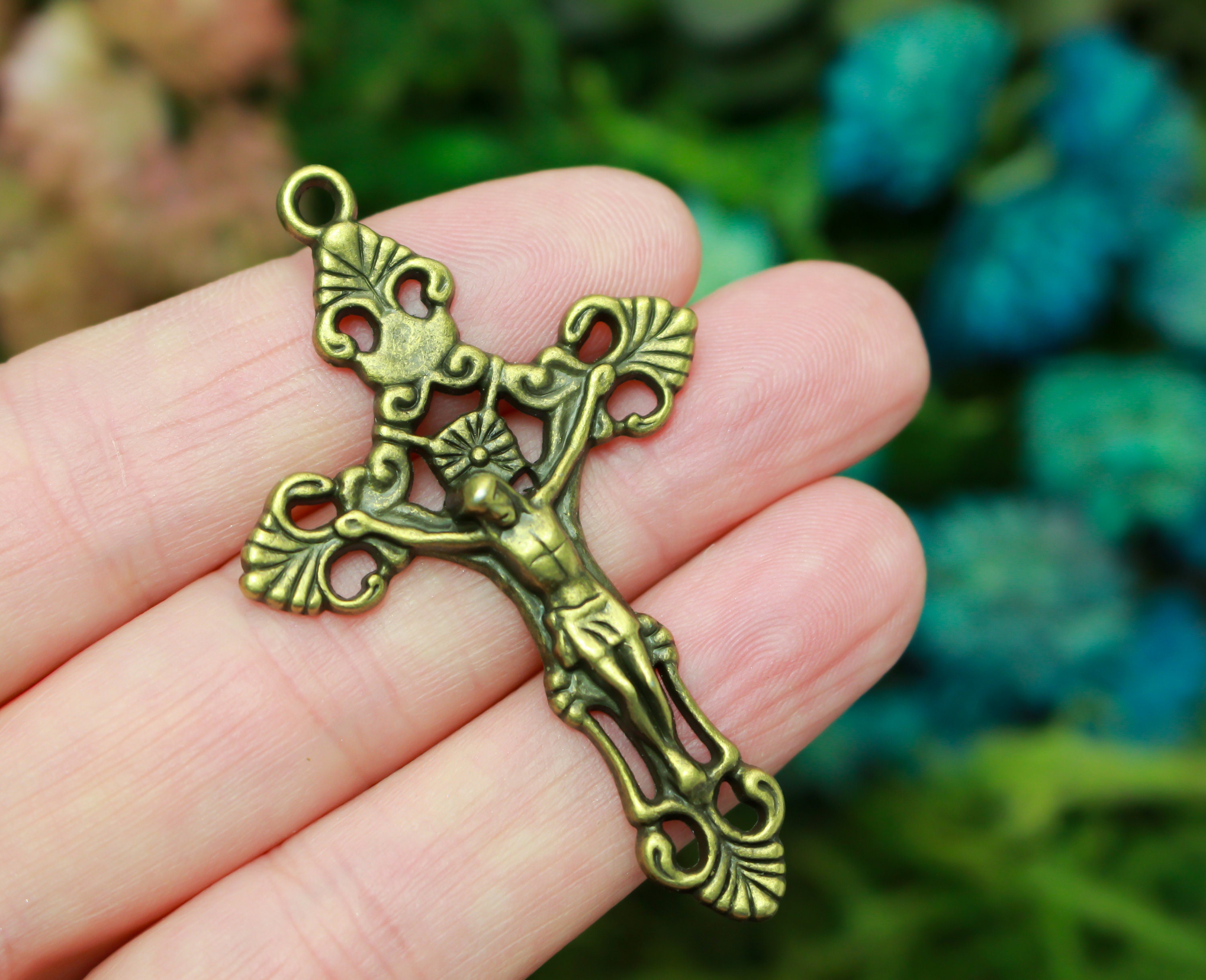 3 Fleur de Lis Bronze Crucifix Pendants 2-1/8" Long - Large Ornate Jesus Crucifixion Cross for Rosaries 3pcs