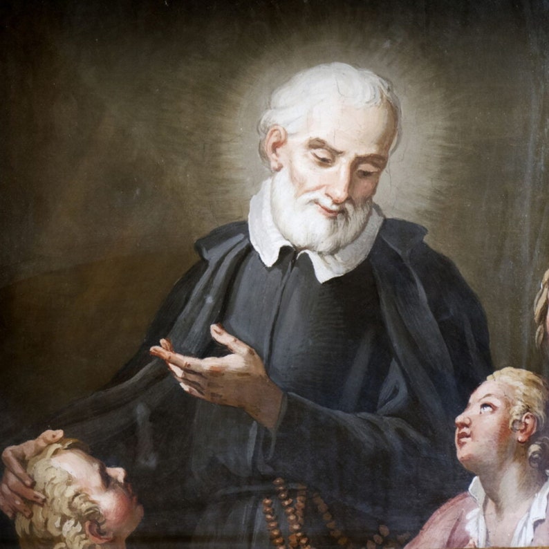 May include: A painting of an older man with a white beard and a black robe, he is holding a rosary and looking down at two children. The children are looking up at the man.