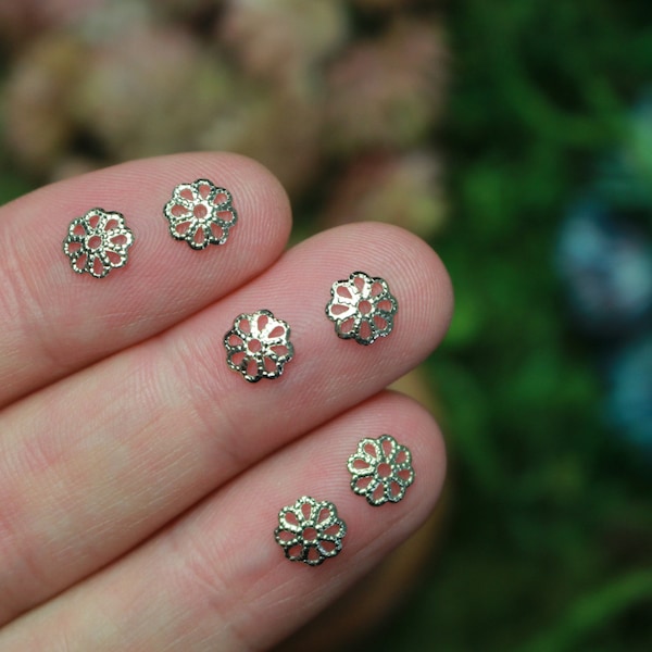 Brass Flower Bead Caps - Antique Silver Color - 6mm in Diameter (fits beads 6-8mm) Sold in pkgs of 50 or 120 caps