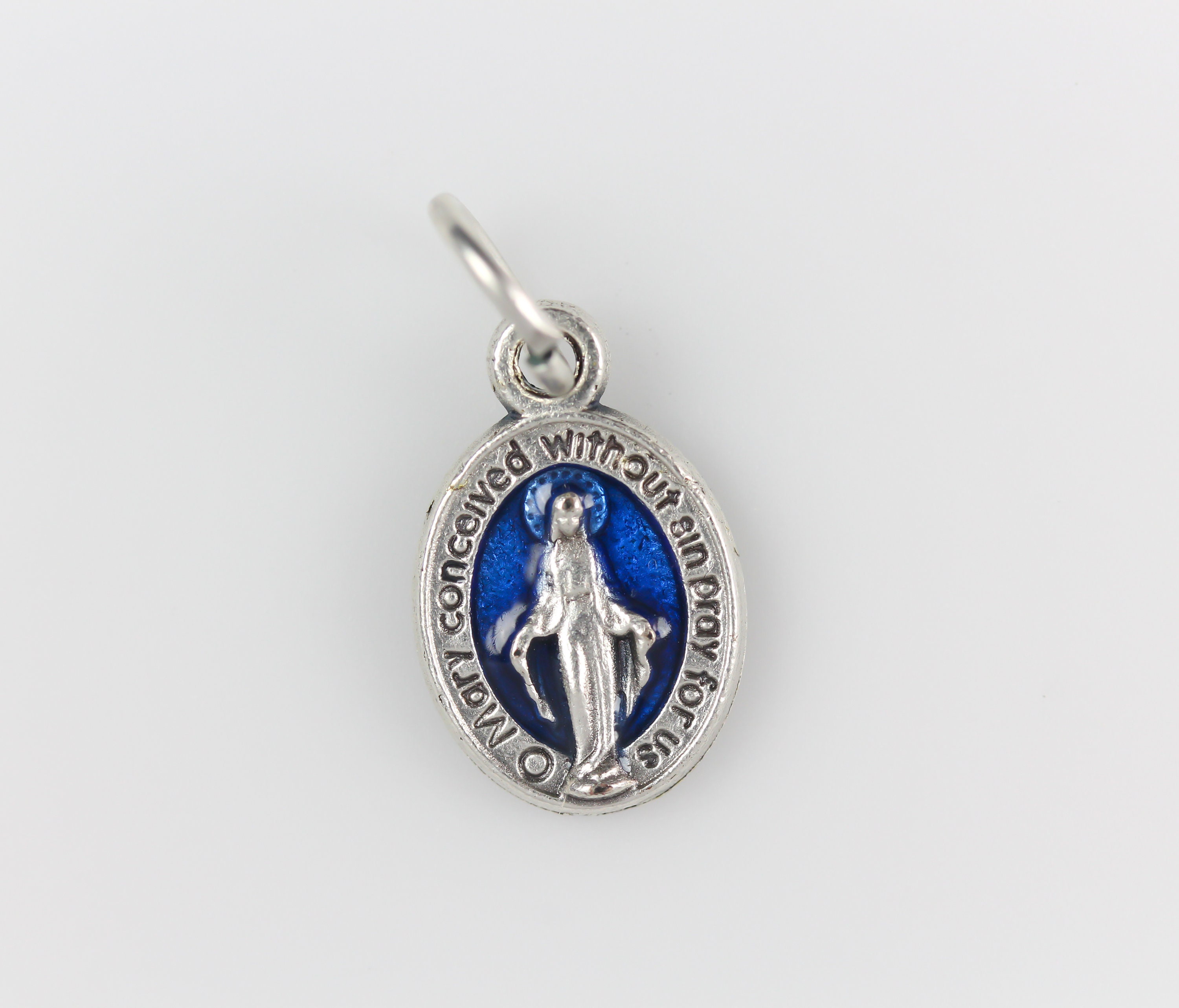 HMHInc Stering - Colgante de medalla milagrosa de la Virgen María, esmalte  azul plateado, 1 pulgada, Plata