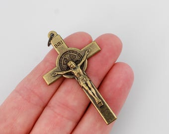 Large Bronze Saint Benedict Crucifix Pendant 2-1/8 inches long, Made in Italy