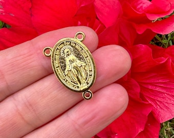 Gouden wonderbaarlijke medaille rozenkrans middelpunt - handgemaakt in Italië met Engelse inscriptie