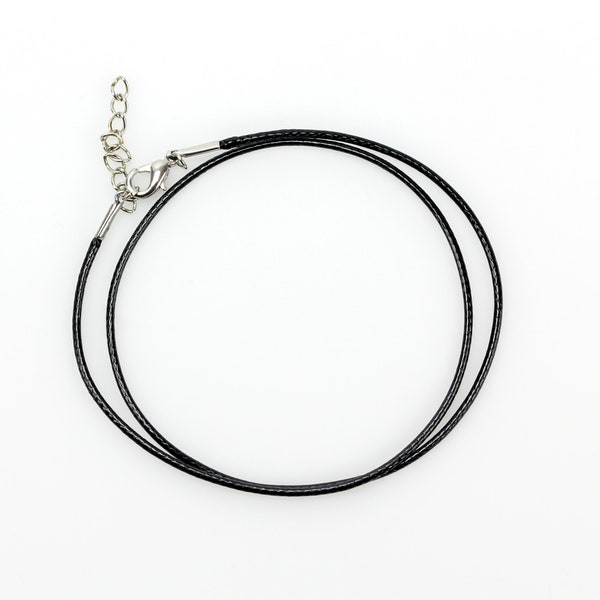 Black Wax Cord Necklace 17.375" Long with Lobster Claw Clasp and 2" Extender Chain