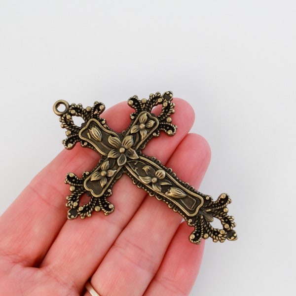 Large Bronze Ornate Floral Cross Pendant Victorian Style with Lilies and Fleur de Lis Design - 73mm long