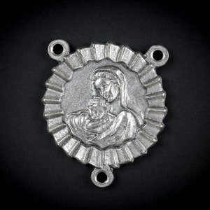 Large Round Madonna and Child Silver Rosary Centerpiece 1-1/4&quot;, Made in Italy