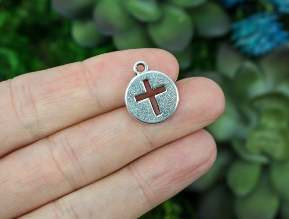 Silver Cross Charms Small Round Flat Disc With Cutout Cross 17mm