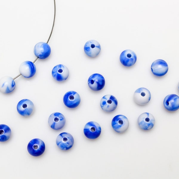 8mm Blue and White Marbled Beads - Acrylic Gumball Opaque Round Prayer Beads for Five Decade Rosary - 60 Beads