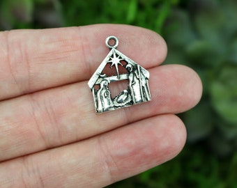 Silver Holy Family Nativity Creche Charms - Infant Jesus in Manger Star of Bethlehem, Sold in packs of 5, 20, and 50pcs