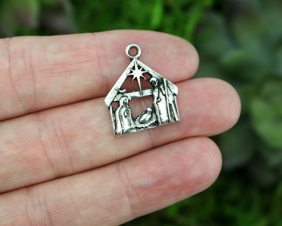 Silver Holy Family Nativity Creche Charms - Infant Jesus in Manger Star of Bethlehem, Sold in packs of 5, 20, and 50pcs