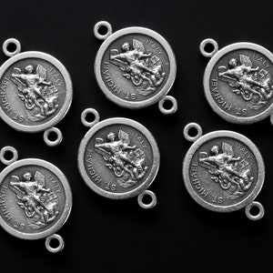 6 Saint Michael Guardian Angel Connector Links, Our Father Beads Silver Plated Set of Six 20mm long