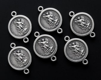 6 Saint Michael Guardian Angel Connector Links, Our Father Beads Silver Plated Set of Six 20mm long