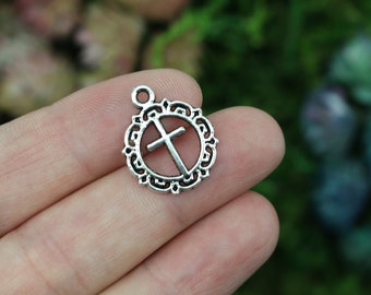 Silver Cross Charms in Ornate Round Filigree Frame 20mm Long - Sold in Quantities of 12, 25, or 50pcs