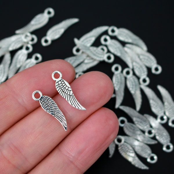 Guardian Angel Wing Charms - Antiqued Silver Color, 17mm long - 30pcs