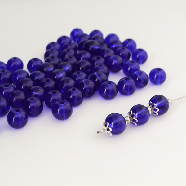 Midnight Blue Glass Beads 8mm Round Transparent Prayer Beads for Rosaries, Chaplets or Jewelry - 60pcs