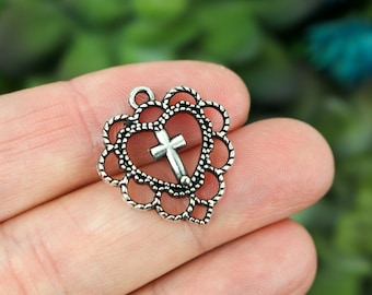 Ornate Filigree Heart Cross Charms - Antique Silver Tone Religious Bracelet Charms