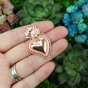 Sacred Heart Charm Mexican Milagro Flaming Heart Pendant | Shiny Rose Gold Finish 40mm Long
