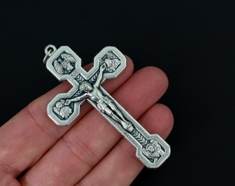 Large Stations of the Cross Crucifix Pendant 2.5" Long - Oxidized Sliver, Made in Italy
