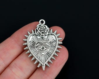 5 ciondoli Ex Voto Milagro Style Sacro Cuore Occhio della Provvidenza - Occhio che tutto vede - 38 mm di lunghezza, 5 pezzi