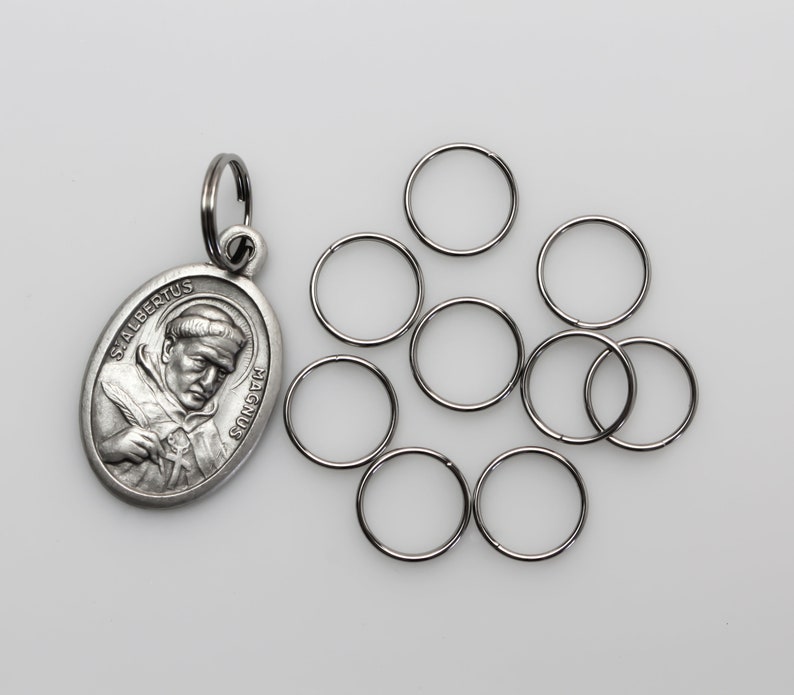 May include: A silver-colored oval pendant with the image of St. Albertus Magnus and the text "S. ALBERTUS MAGNUS". Next to the pendant are ten silver-colored key rings.