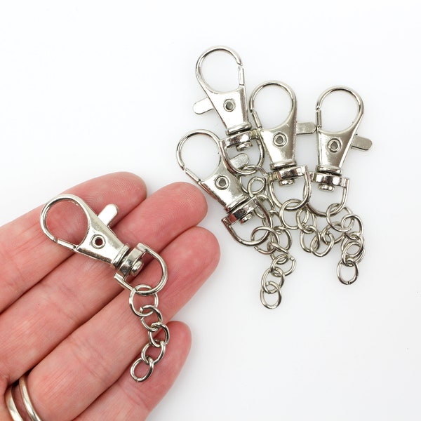 Key Chain Swivel Lobster Claw Clasp with Attached Chain - Iron Based Alloy Silver Tone Keychain Swivel Clasp