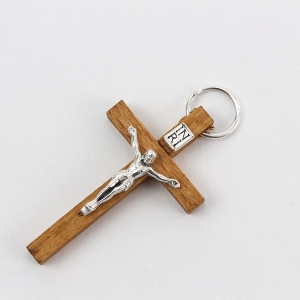 Brown Wood Crucifix Pendant - Wooden Rosary Making Supplies Cross With Metal Corpus 1-3/4" long