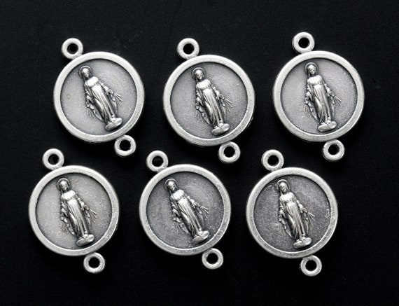 Miraculous Medal Connector Links, Our Father Beads Silver Plated, sold in packages of 6, 20, or 50 pieces
