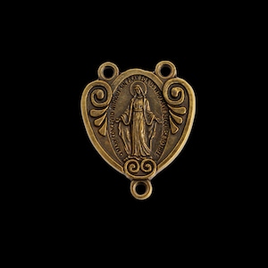 Bronze Miraculous Medal Rosary Centerpiece that is Heart-Shaped with Ornate Scrollwork on the sides, English Inscription