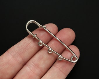 Safety Pin Brooch Pendant Connector with Three Loops Shiny Silver Tone Color 5cm long (2 inches)