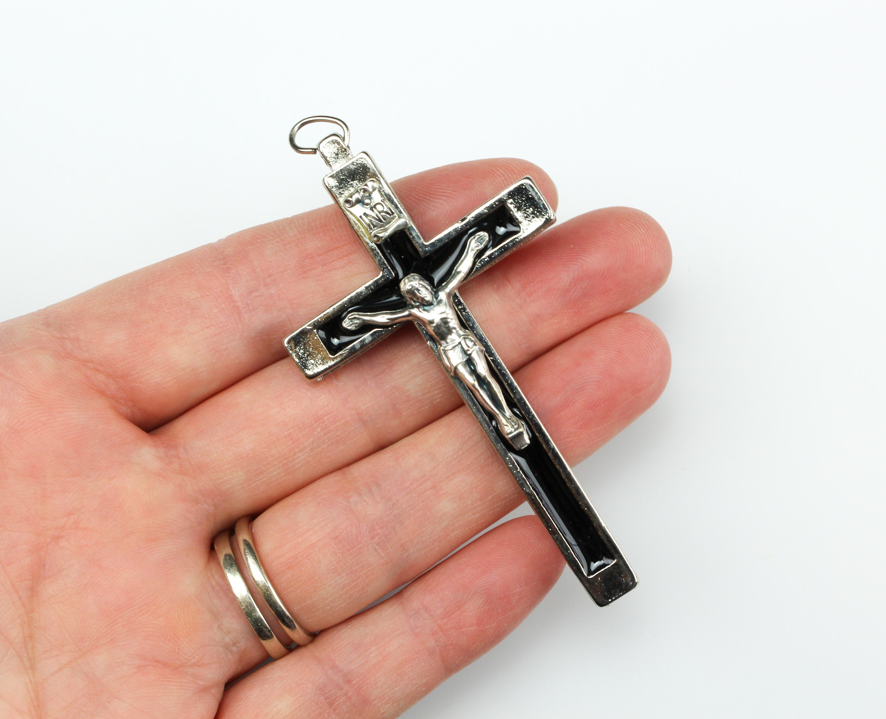 Pectoral Crucifix Cross with Black Enamel Inlay - Nun's Habit Metal Bound Crucifix 2.75" Long - Made in Italy