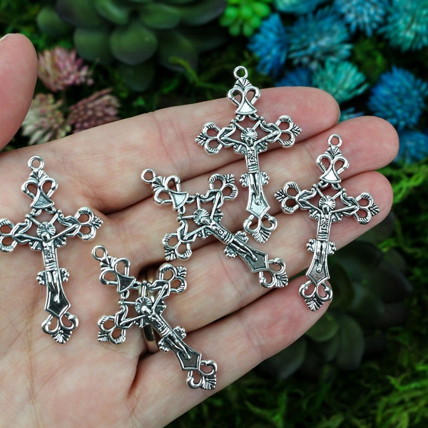 5 Ornate Jesus Crucifix Crosses - Silver in Color - Bulk Rosary Parts 43mm Long - 5pcs