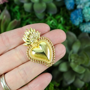 Sacred Holy Heart Charm Mexican Milagro Flaming Heart Pendant Shiny Gold Color 40mm Long