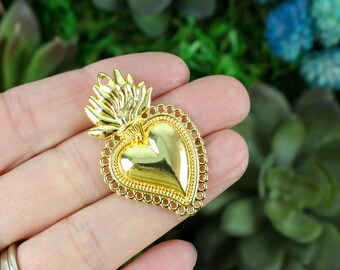 Pendentif Sacré-Saint-Cœur Mexicain Milagro Flaming Heart Or brillant 40 mm de long