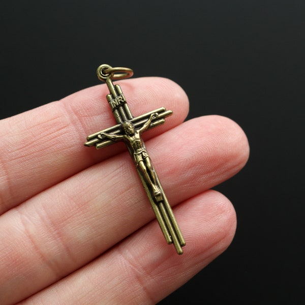 Bronze Crucifix Cross Pendant in Three Bar Design 1-5/8" Long - Handcrafted in Italy