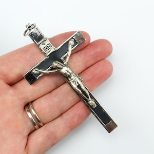 Large Pectoral Crucifix Cross with Black Inlay - Nun&#39;s Habit Metal Bound Crucifix 3.5&quot; Long - Made in Italy