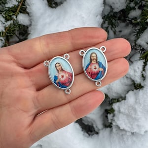 Immaculate Heart of Mary Sacred Heart of Jesus Color Image Rosary Centerpiece - Made in Italy