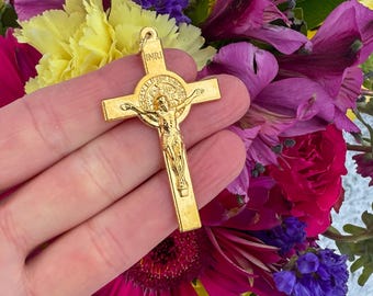 Large Gold Saint Benedict Crucifix Pendant 2-1/8 inches long, Made in Italy