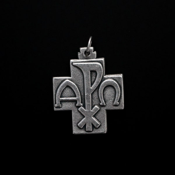 Jesus Alpha and Omega Cross Pendant - Chi-Rho Christogram Cross 1-1/8" Long - Made in Italy