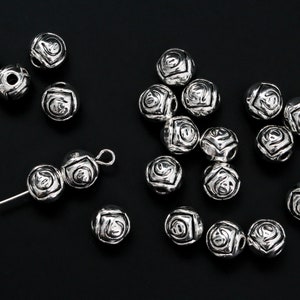 Silver Rosebud Metal Beads 7mm x 6.5mm, 2mm hole - Rose Carved Rosary Beads 60pcs