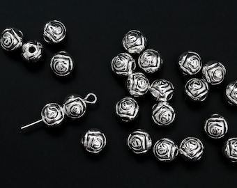 Silver Rosebud Metal Beads 7mm x 6.5mm, 2mm hole - Rose Carved Rosary Beads 60pcs